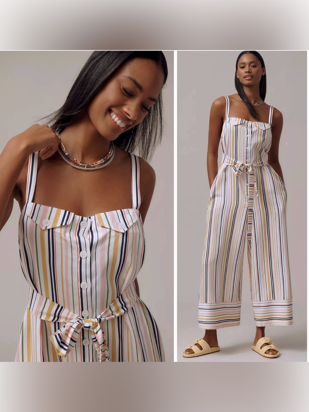 Anthropologie Maeve Multicolor Striped Easy Sleeveless Belted Wide Leg Jumpsuit